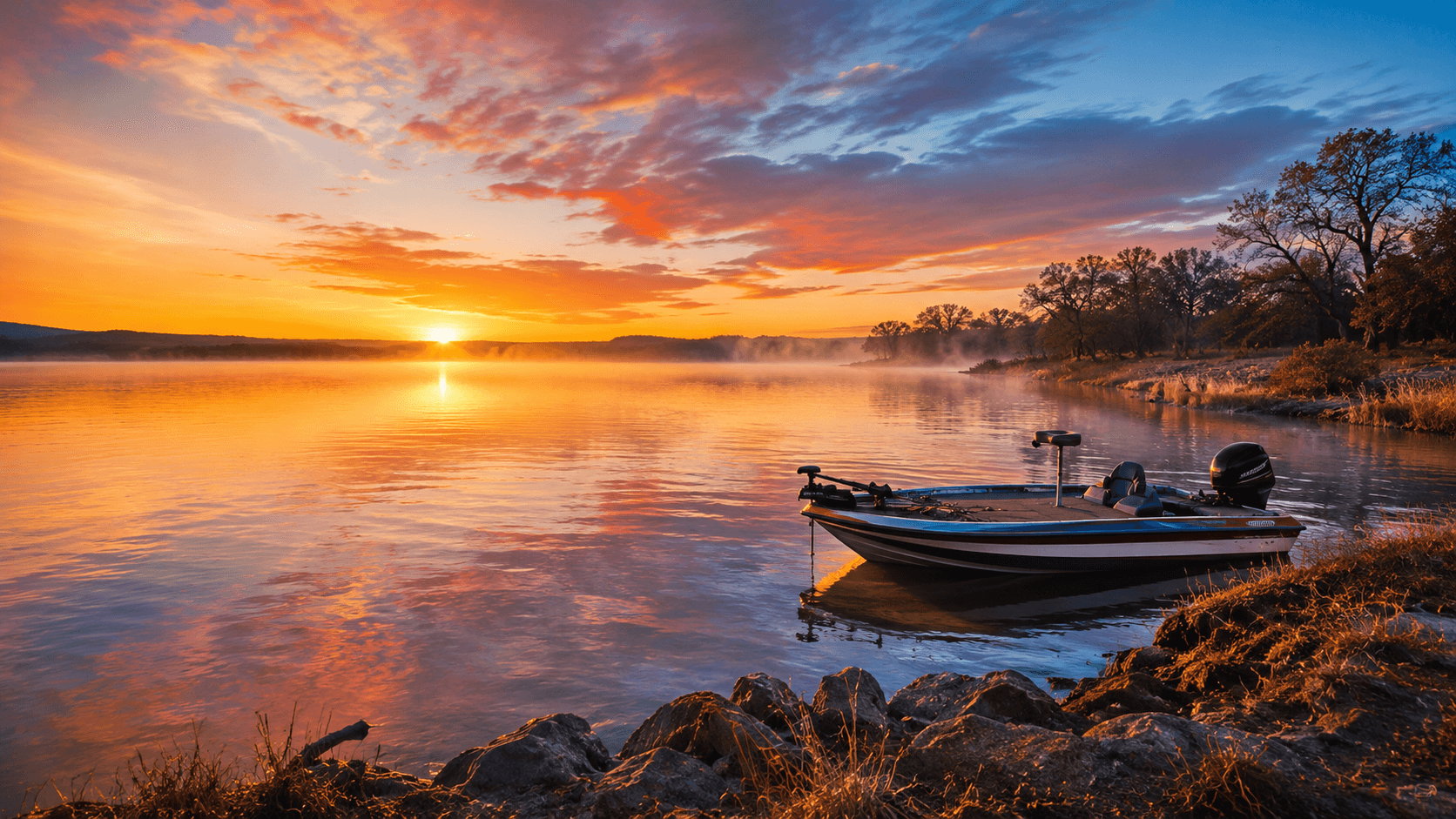 Fishing boat on a wide Texas lake at sunrise with calm water and distant shoreline