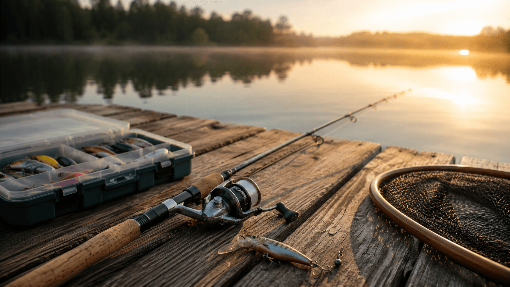 Angler gear and tackle laid out on a wooden dock by the water