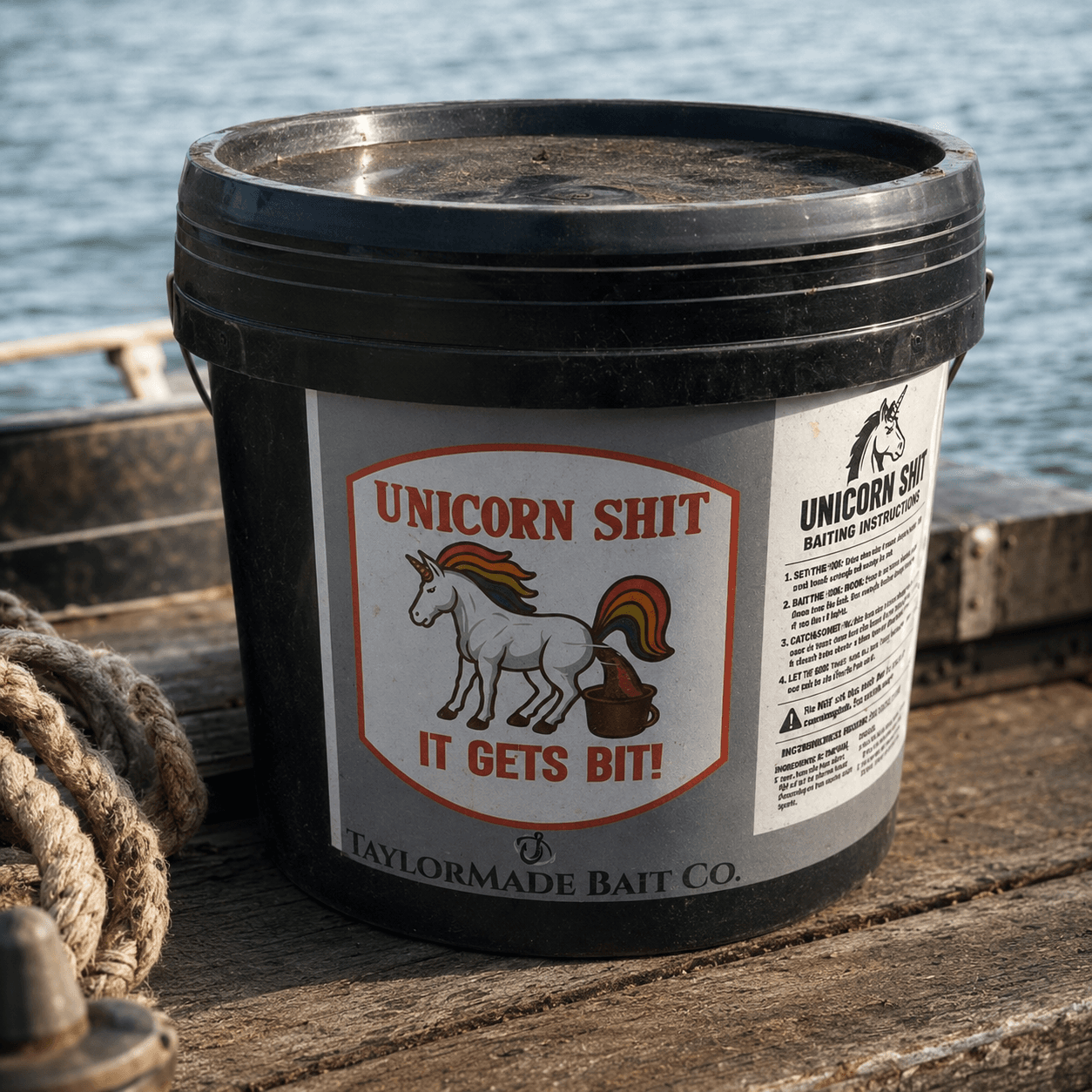 Unicorn Shit premium catfish punch bait bucket on a weathered wooden dock beside the water